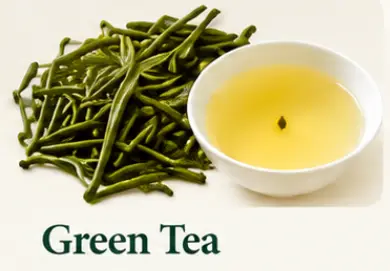 Green Tea: green tea leaves and a light golden infusion