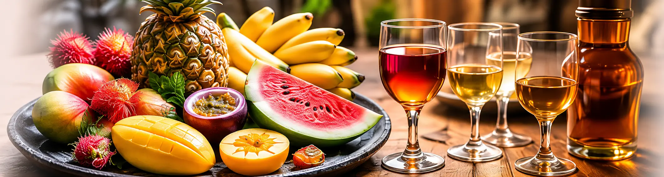 A selection of Sri Lankan fruits, tea wine and local liquors